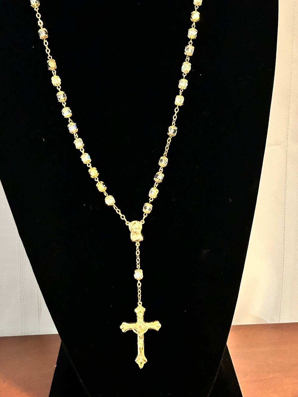 Gold Tone Crystal Bead Rosary Cross Pendant Necklace 26" Chain 4" Drop